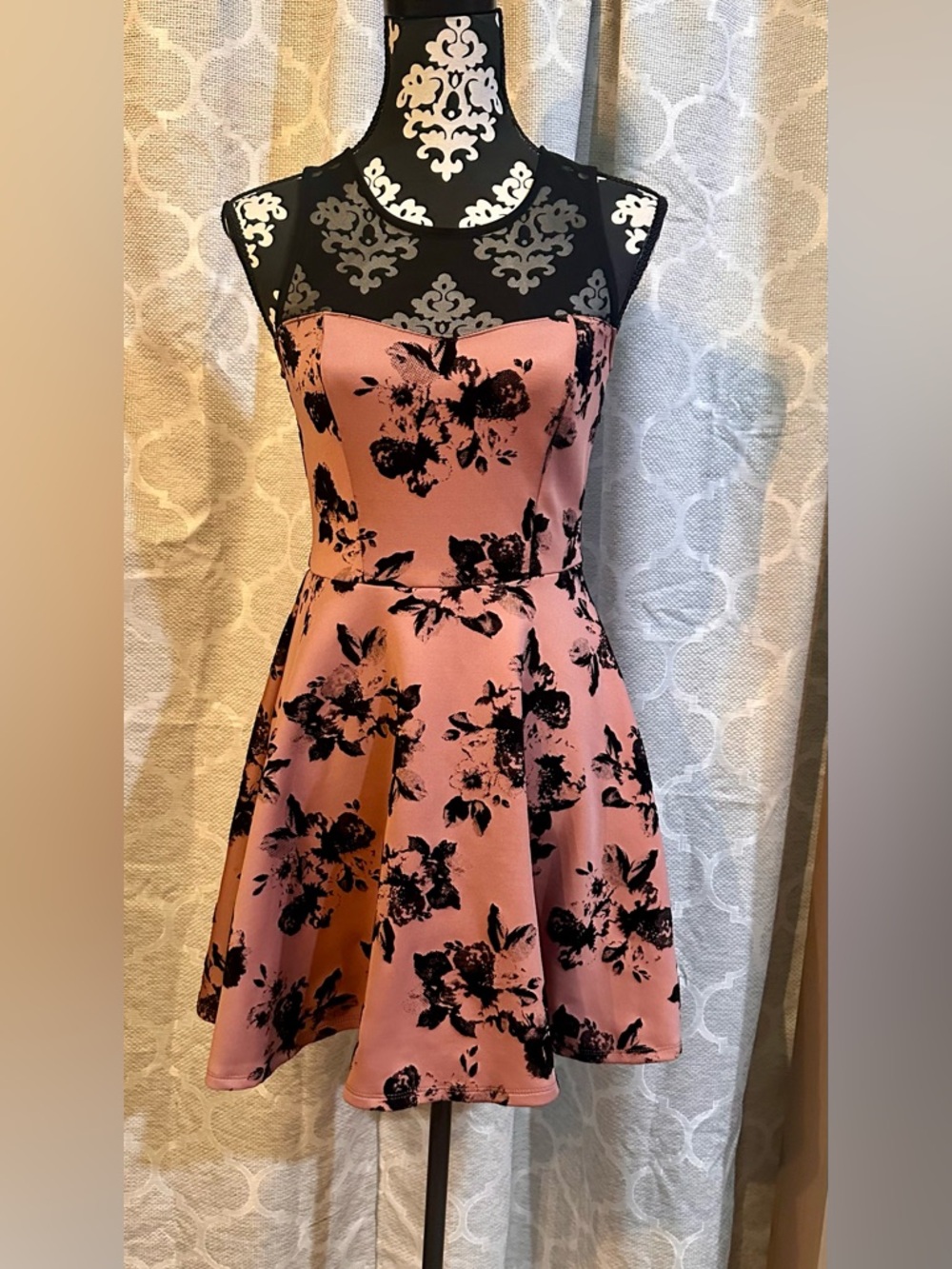 Trixxi Pink Floral Fit & Flare Mini Dress with Black Mesh size S